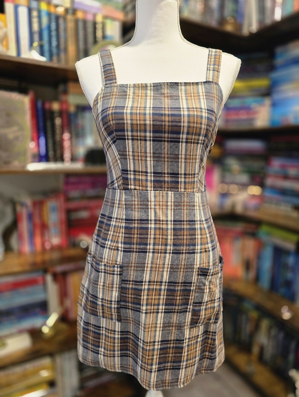American Eagle Plaid Square-Neck Mini Dress in Navy and Tan